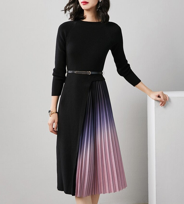 Giulia | Gradient Pleated Splicing Belted Knit Dress