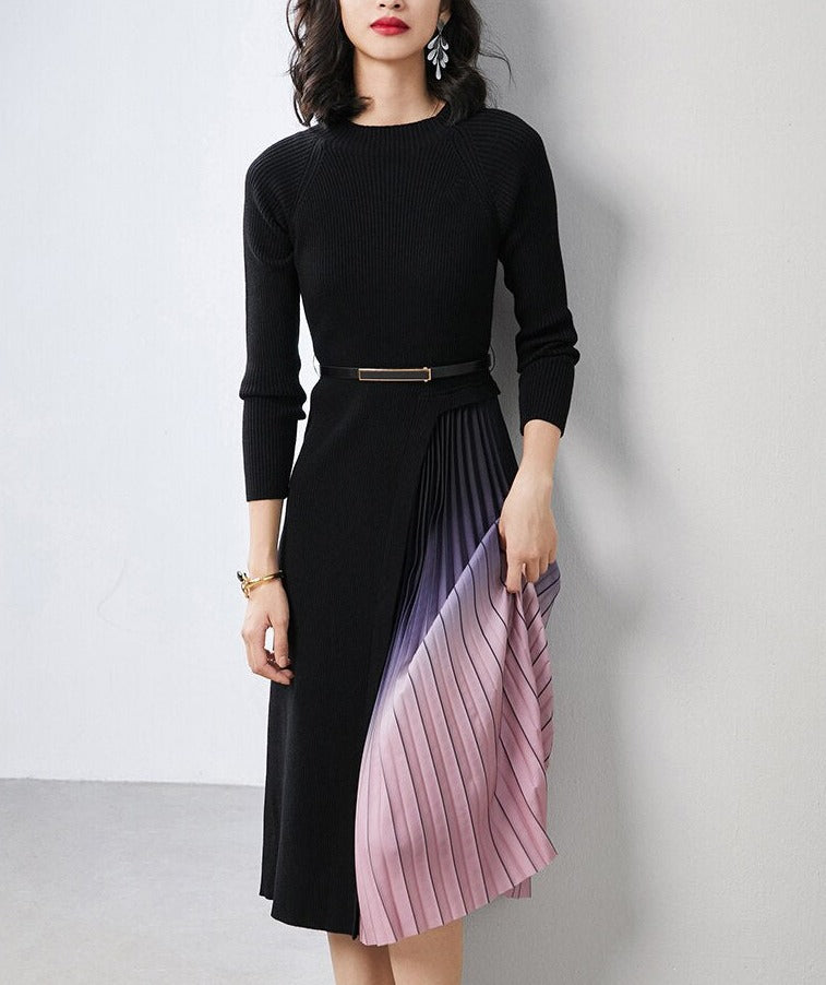 Giulia | Gradient Pleated Splicing Belted Knit Dress