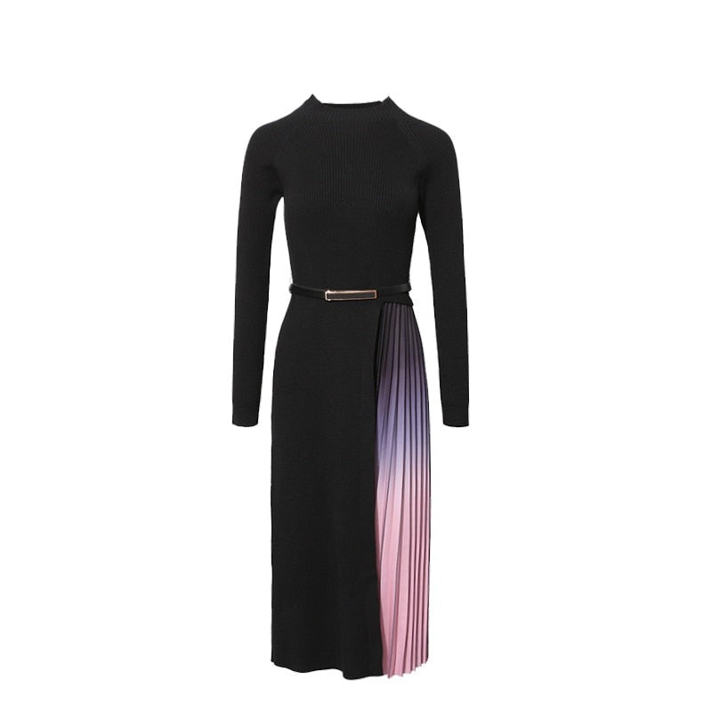Giulia | Gradient Pleated Splicing Belted Knit Dress