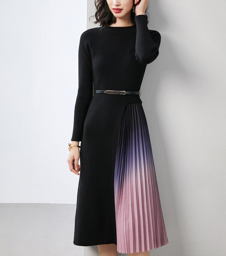 Giulia | Gradient Pleated Splicing Belted Knit Dress