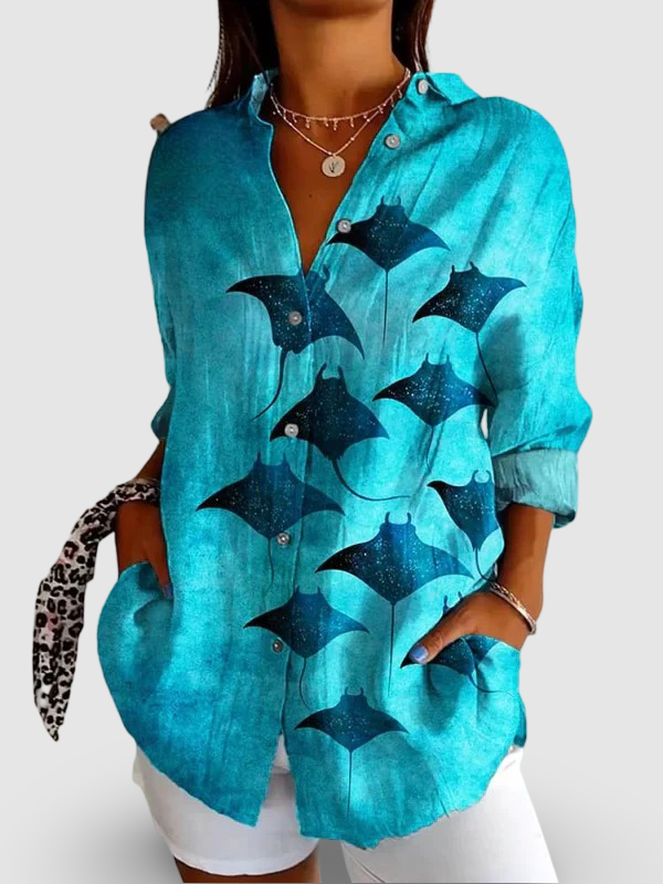 Women's Vintage Manta Rays Art Print || Casual Cotton Shirt